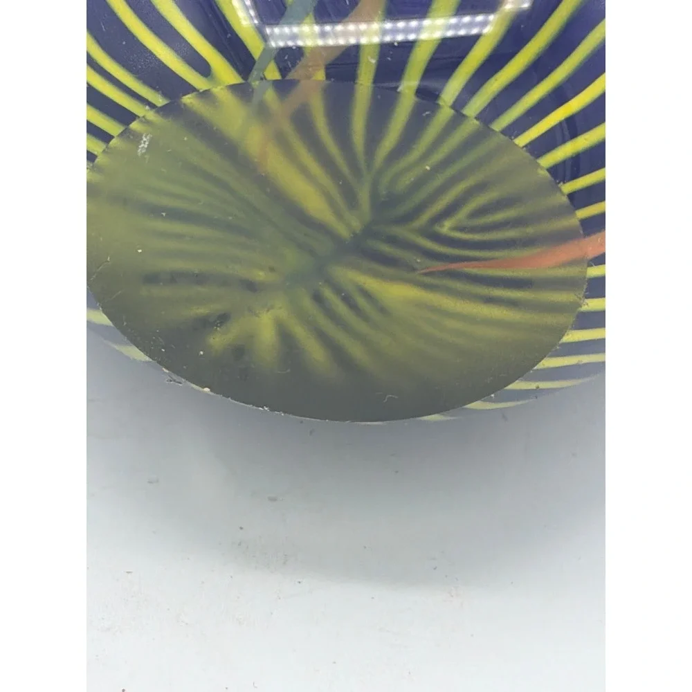 Vintage Hand Blown Art Glass Vase Blue with Yellow Stripes & Pink Rim 10